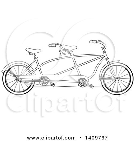 Cartoon Clipart of a Black and White Lineart Tandem Bicycle - Royalty Free Vector Illustration by djart