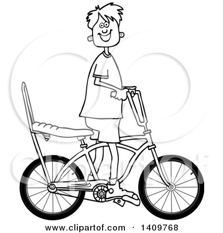 Cartoon Clipart of a Black and White Lineart Happy Boy Riding a Stingray Bicycle - Royalty Free Vector Illustration by djart