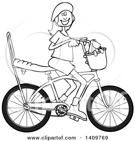 Cartoon Clipart of a Black and White Lineart Happy Girl Riding a Stingray Bicycle - Royalty Free Vector Illustration by djart