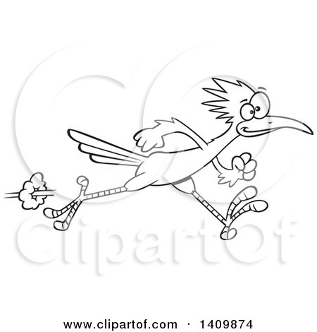 Clipart of a Black and White Lineart Sprinting Roadrunner Bird - Royalty Free Vector Illustration by toonaday