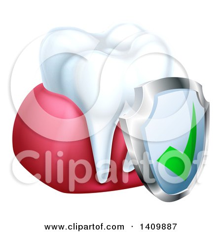 Clipart of a 3d White Tooth and Gums with a Protective Dental Shield - Royalty Free Vector Illustration by AtStockIllustration