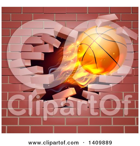 Clipart of a 3d Flying and Blazing Basketball with a Trail of Flames, Breaking Through a Brick Wall - Royalty Free Vector Illustration by AtStockIllustration