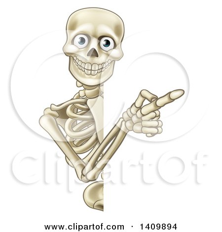 Clipart of a Happy Human Skeleton Pointing Around a Halloween Sign - Royalty Free Vector Illustration by AtStockIllustration