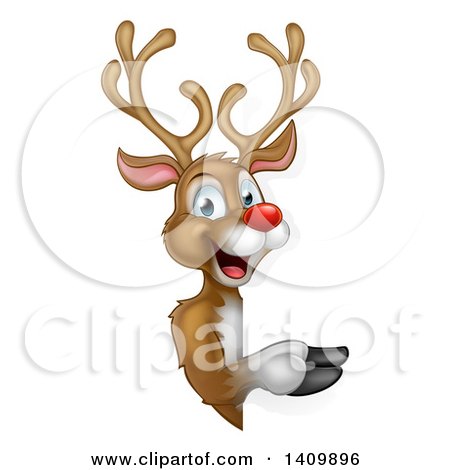 Clipart of a Happy Rudolph Red Nosed Reindeer Pointing Around a Sign - Royalty Free Vector Illustration by AtStockIllustration