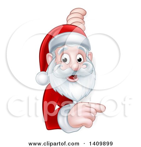 Clipart of a Cartoon Happy Christmas Santa Claus Pointing Around a Sign - Royalty Free Vector Illustration by AtStockIllustration