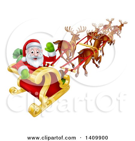 Clipart of a Team of Magic Reindeer Flying Santa in a Sleigh - Royalty Free Vector Illustration by AtStockIllustration