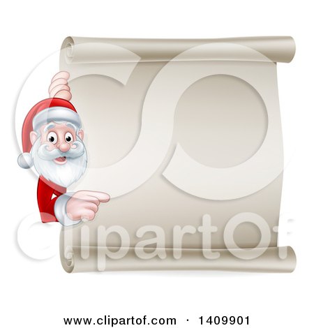 Clipart of a Cartoon Happy Christmas Santa Claus Pointing Around a Scroll Sign - Royalty Free Vector Illustration by AtStockIllustration