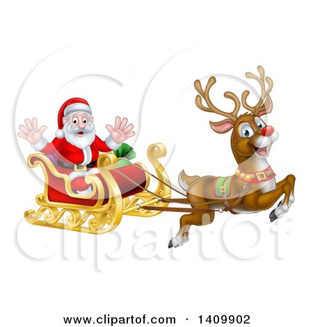 Clipart of a Red Nosed Reindeer, Rudolph, Flying Santa in a Sleigh - Royalty Free Vector Illustration by AtStockIllustration