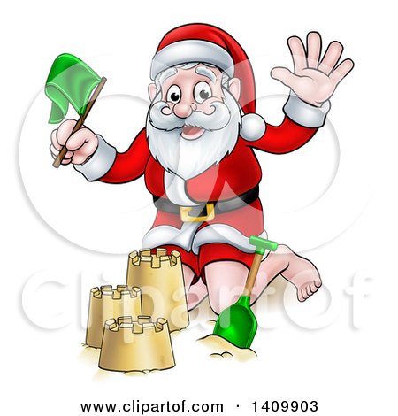Clipart of a Cartoon Happy Christmas Santa Claus Making a Sand Castle - Royalty Free Vector Illustration by AtStockIllustration