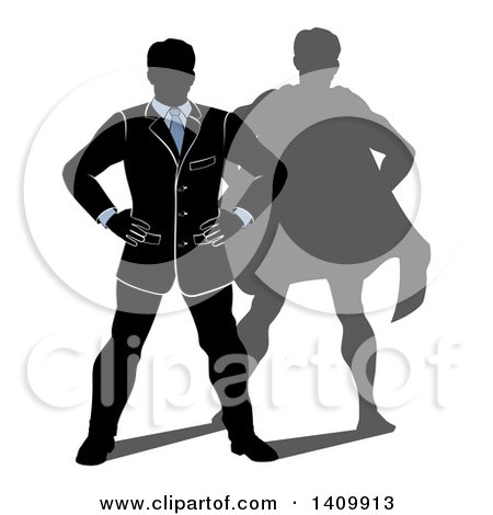 Clipart of a Black White and Blue Silhouetted Business Man Standing with His Hands on His Hips and a Super Hero Shadow - Royalty Free Vector Illustration by AtStockIllustration