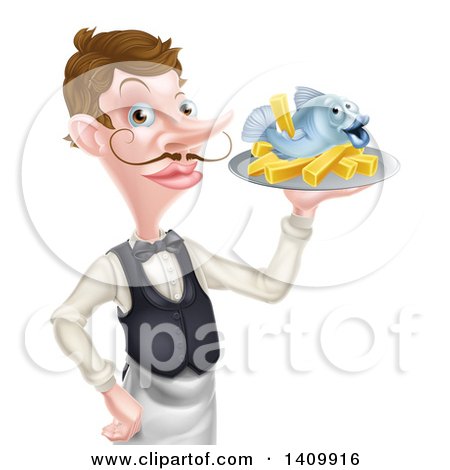 Clipart of a White Male Waiter or Butler with a Curling Mustache, Holding Fish and a Chips on a Tray and Pointing - Royalty Free Vector Illustration by AtStockIllustration