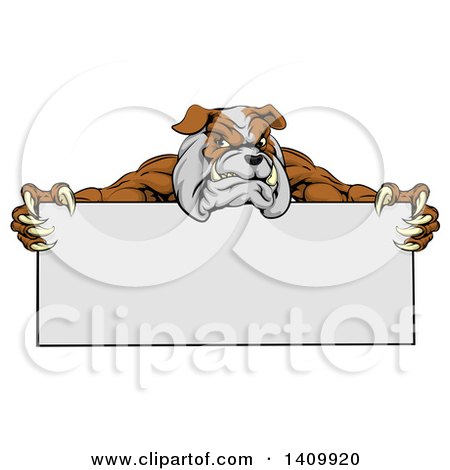 Clipart of a Brown and Gray Aggressive Bulldog Monster Mascot Holding a Blank Sign - Royalty Free Vector Illustration by AtStockIllustration