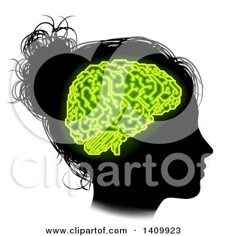 Clipart of a Black Silhouetted Girl's Head in Profile, with Green Glowing Circuit Brain - Royalty Free Vector Illustration by AtStockIllustration