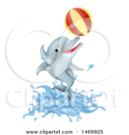 Clipart of a Cute Happy Dolphin Jumping and Playing with a Ball - Royalty Free Vector Illustration by AtStockIllustration