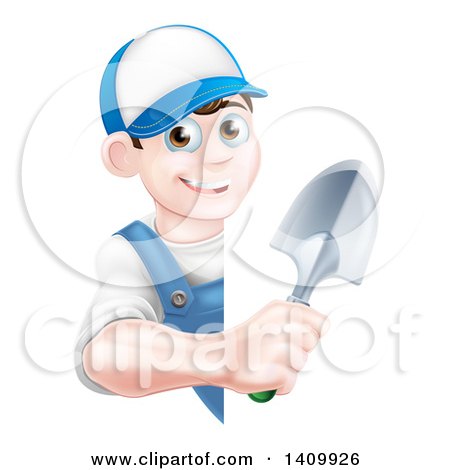 Clipart of a Happy Young Brunette White Male Gardener in Blue, Holding a Shovel Around a Sign - Royalty Free Vector Illustration by AtStockIllustration