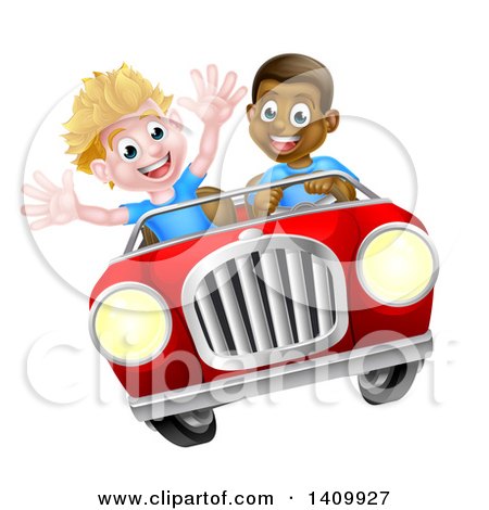Clipart of a Happy Black Boy Driving a White Boy and Catching Air in a Convertible Car - Royalty Free Vector Illustration by AtStockIllustration