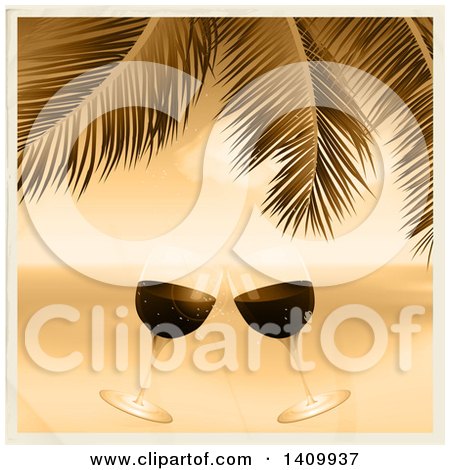Clipart of a 3d Sepia Toned Scene of Clinking Wine Glasses Against the Ocean Under Palm Tree Branches - Royalty Free Vector Illustration by elaineitalia