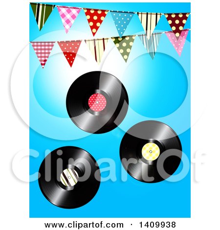 Clipart of 3d Vinyl Records and Patterned Bunting Banners Against Blue Sky - Royalty Free Vector Illustration by elaineitalia