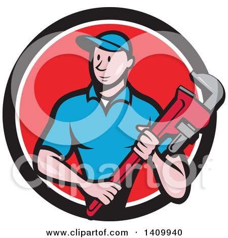 Clipart of a Retro Cartoon White Male Plumber Holding a Monkey Wrench in a Black White and Red Circle - Royalty Free Vector Illustration by patrimonio