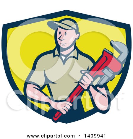 Clipart of a Retro Cartoon White Male Plumber Holding a Monkey Wrench in a Blue and Yellow Shield - Royalty Free Vector Illustration by patrimonio