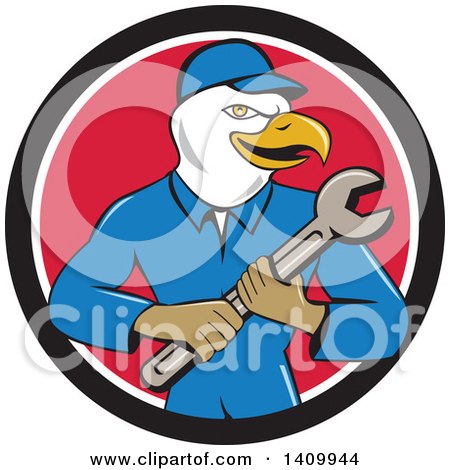 Clipart of a Retro Cartoon Bald Eagle Mechanic Man Holding a Spanner Wrench in a Black White and Red Circle - Royalty Free Vector Illustration by patrimonio