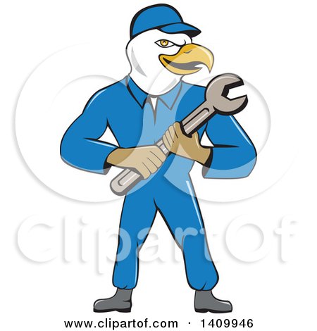 Clipart of a Retro Cartoon Bald Eagle Mechanic Man Holding a Spanner Wrench - Royalty Free Vector Illustration by patrimonio