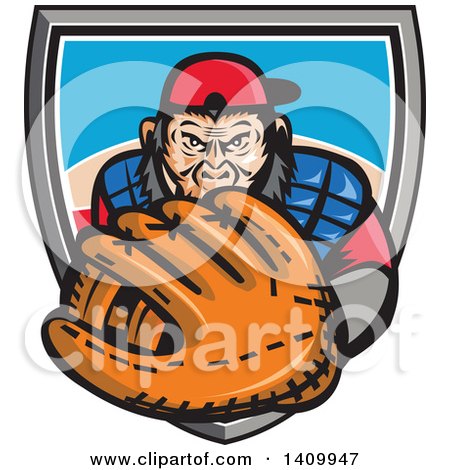 Clipart of a Tough Chimpanzee Monkey Baseball Player Catcher Holding out a Glove, Emerging from a Shield - Royalty Free Vector Illustration by patrimonio