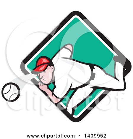 Clipart of a Retro Cartoon White Male Baseball Player Pitching, Emerging from a Turquoise White and Black Diamond - Royalty Free Vector Illustration by patrimonio