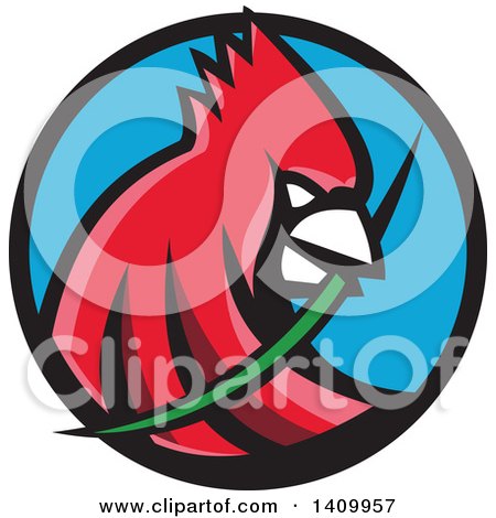 Clipart of a Retro Cartoon Red Cardinal Bird with a Blade of Grass in His Mouth - Royalty Free Vector Illustration by patrimonio