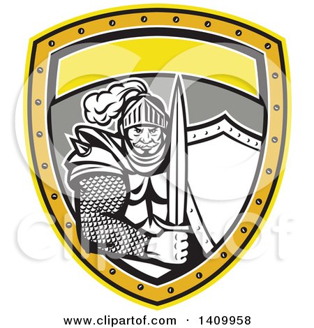 Clipart of a Retro Knight in Full Armor, Holding Sword and Shield Inside a Shield - Royalty Free Vector Illustration by patrimonio