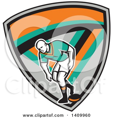 Clipart of a Retro Male Rugby Player in a Gray Turquoise Black and Orange Shield - Royalty Free Vector Illustration by patrimonio