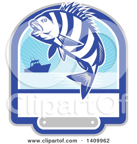 Clipart of a Retro Jumping Sheepshead Fish over a Silhouetted Boat and Text Space - Royalty Free Vector Illustration by patrimonio