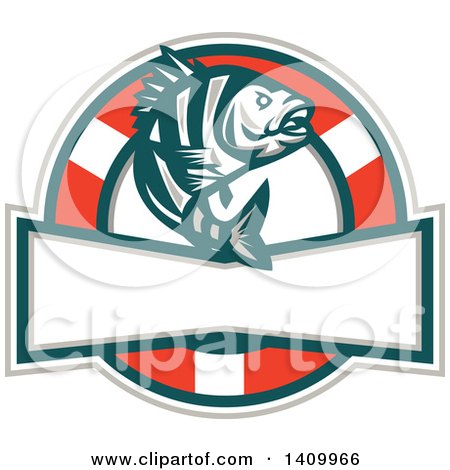 Clipart of a Retro Jumping Sheepshead Fish over a Life Buoy and Text Space - Royalty Free Vector Illustration by patrimonio