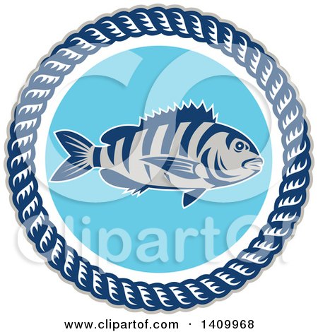 Clipart of a Retro Sheepshead Fish over Blue, in a Frame of Rope - Royalty Free Vector Illustration by patrimonio
