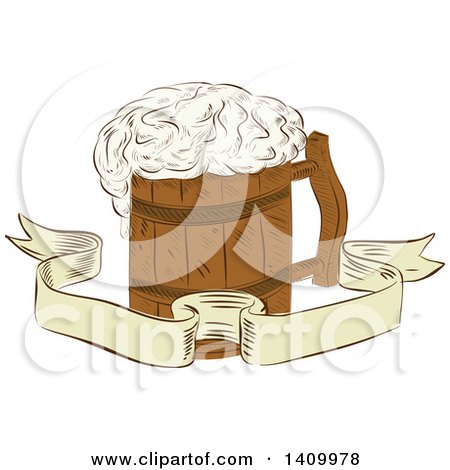 Clipart of a Retro Sketched Medieval Wooden Beer Mug with Froth over a Ribbon Banner - Royalty Free Vector Illustration by patrimonio