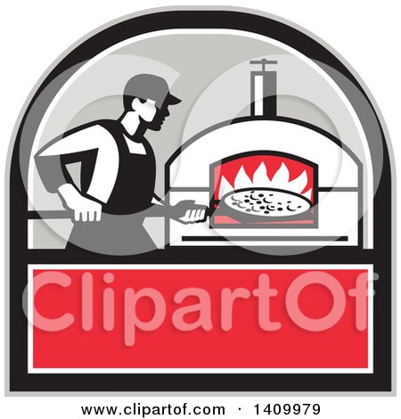 Clipart of a Retro Pizza Chef Holding a Peel with a Pie in Front of a Wood Fired Oven in a Black Gray White and Red Crest - Royalty Free Vector Illustration by patrimonio