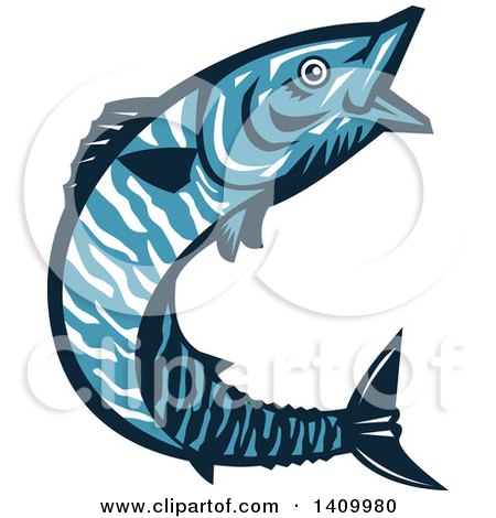 Clipart of a Retro Blue Jumping Wahoo Fish - Royalty Free Vector Illustration by patrimonio