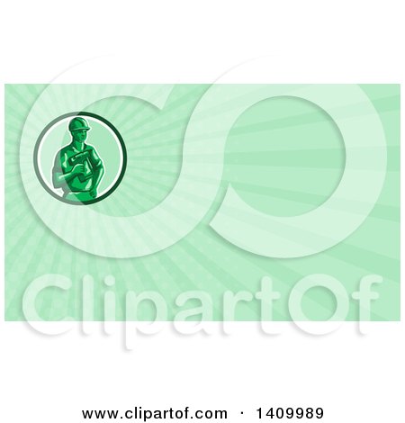 Clipart of a Retro Green Toy Construction Worker Holding a Nail Gun in a Circle and Green Rays Background or Business Card Design - Royalty Free Illustration by patrimonio