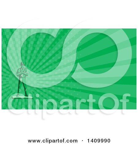 Clipart of a Retro Green Toy Male Carpenter or Builder with Folded Arms, Holding a Hammer and Green Rays Background or Business Card Design - Royalty Free Illustration by patrimonio