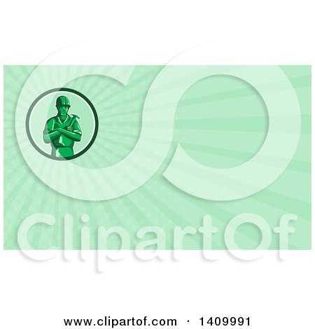 Clipart of a Retro Green Toy Male Carpenter or Builder with Folded Arms, Holding a Hammer and Green Rays Background or Business Card Design - Royalty Free Illustration by patrimonio