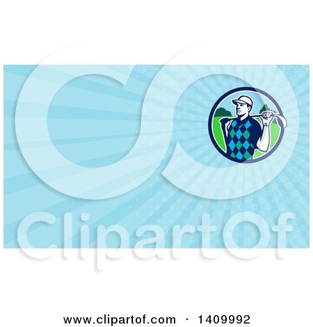 Clipart of a Retro Male Golfer Stretching with a Club over His Shoulders and Blue Rays Background or Business Card Design - Royalty Free Illustration by patrimonio
