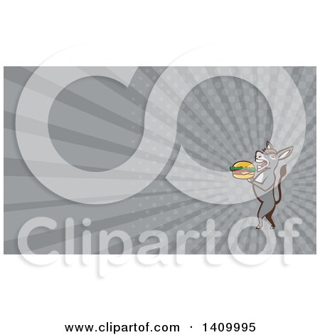 Clipart of a Retro Donkey Standing Upright and About to Take a Bite out of a Cheeseburger and Gray Rays Background or Business Card Design - Royalty Free Illustration by patrimonio