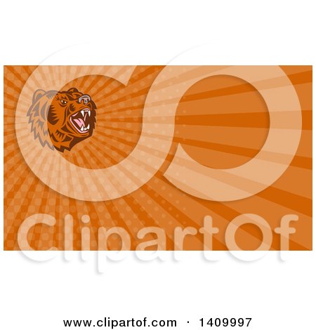 Clipart of a Retro Woodcut Roaring California Grizzly Bear Head and Orange Rays Background or Business Card Design - Royalty Free Illustration by patrimonio