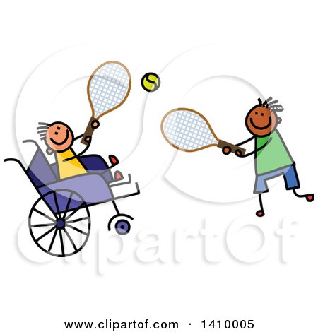 Clipart of a Doodled Disabled Boy and Friend Playing Tennis - Royalty Free Vector Illustration by Prawny