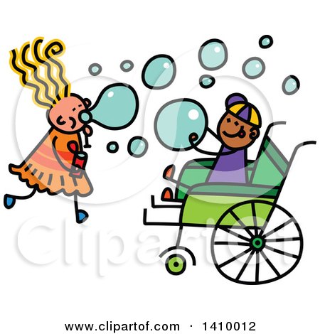 Clipart of a Doodled Disabled Boy and Girl Playing and Blowing Bubbles - Royalty Free Vector Illustration by Prawny