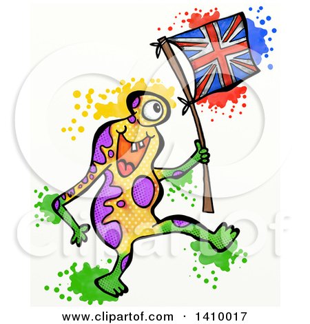 Clipart of a Coliorful Doodled Monster with Splatters, Carrying a Union Jack Flag, on a White Background - Royalty Free Illustration by Prawny