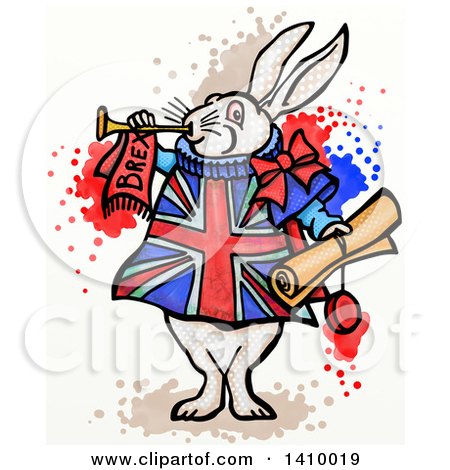 Clipart of a Doodled White Herald Rabbit Holding a Scroll and Blowing a Trumpet, Wearing a British Brexit Outfit - Royalty Free Illustration by Prawny