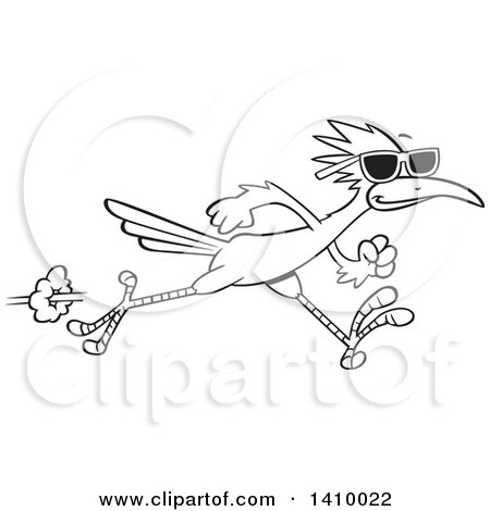Clipart of a Black and White Lineart Sprinting Roadrunner Bird Wearing Sunglasses - Royalty Free Vector Illustration by toonaday