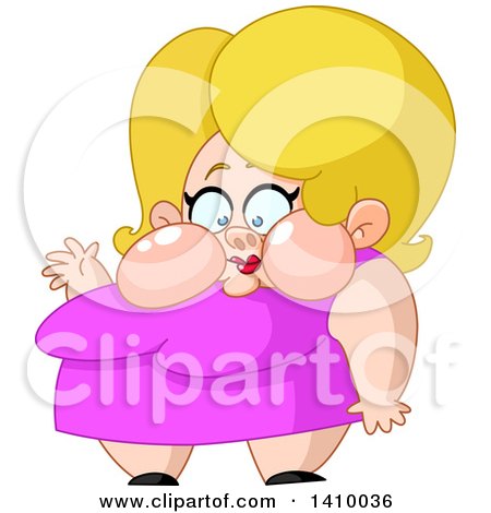 Cartoon Clipart of a Fat Blond Caucasian Woman with Chubby Cheeks, Wearing a Pink Dress and Waving - Royalty Free Vector Illustration by yayayoyo
