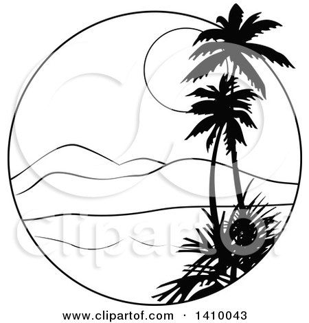 Clipart of a Black and White Travel Design of Palm Trees, a Bay, Mountains and Sunset - Royalty Free Vector Illustration by dero